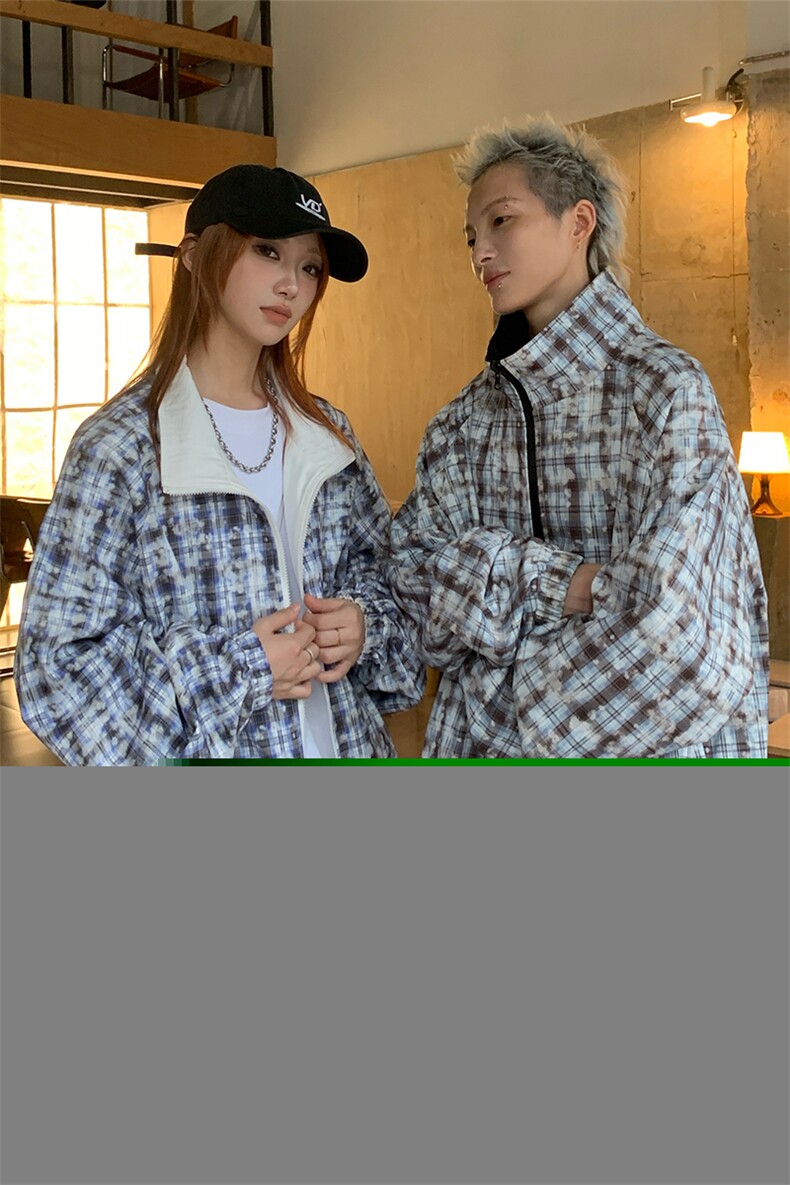 秋季新款Q2608-TP75118港风复古休闲宽松扎染格子两穿外套,女装短外套,电商A102