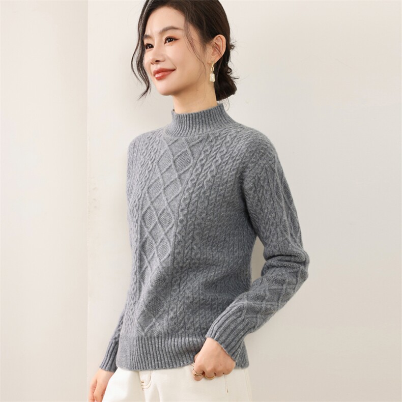 2025年秋季长袖套头菱形扭花半高时尚百搭通勤简约休闲,女装羊毛衫,锦弘羊绒