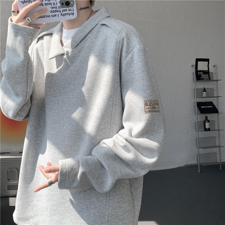 大皂风设计款柔软舒适日常基础百搭不规则翻领长袖卫衣WY03/TP32，男装卫衣，电商B318