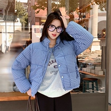 蓝色格纹复古立领棉服女冬季短款设计感可拆卸马甲保暖外套，男装棉衣，星座1210-1