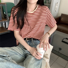 ZT6012-P38显白红条纹华夫格T恤圆领弹力针织棉短袖上衣tee女，女装T恤，电商B245