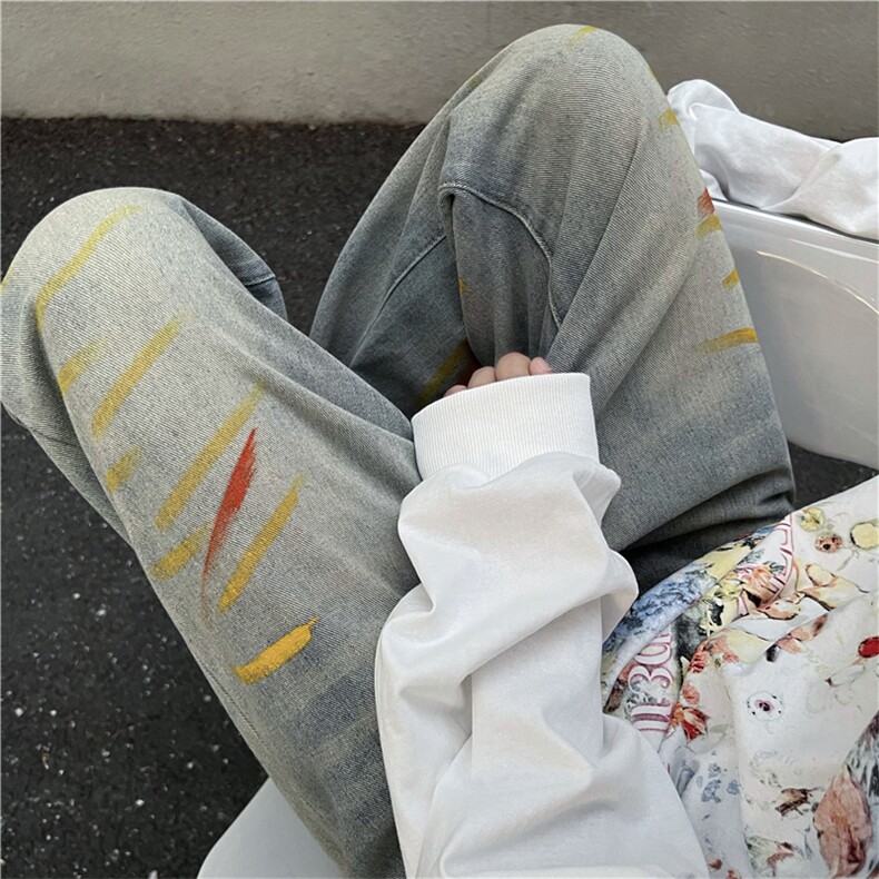 做旧复古黄泥蓝泼墨牛仔裤水洗高街直筒宽松裤子男女N02501-P53,男装牛仔裤,星座308B-2