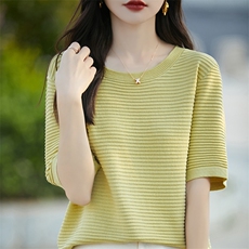 清仓捡漏~夏季新款圆领冰丝短袖宽松慵懒风羊毛短袖女薄款T恤中袖，女装针织衫/毛衣，佳绒包芯纱店