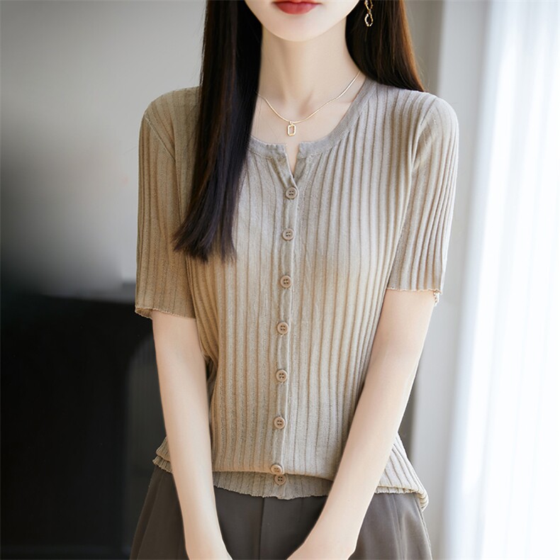 针织开衫女2025新款薄款短袖夏季圆领防晒开衫薄纱夏天空调衫外搭,女装T恤,暖烁特种纱工厂店