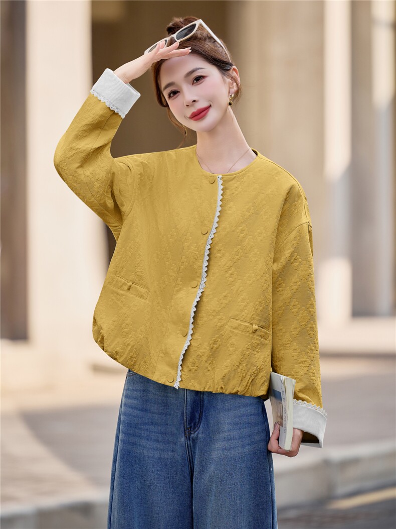 2026春秋撞色花边短外套女圆领提花宽松洋气中年妈妈休闲夹克上衣,女装短外套,余墨