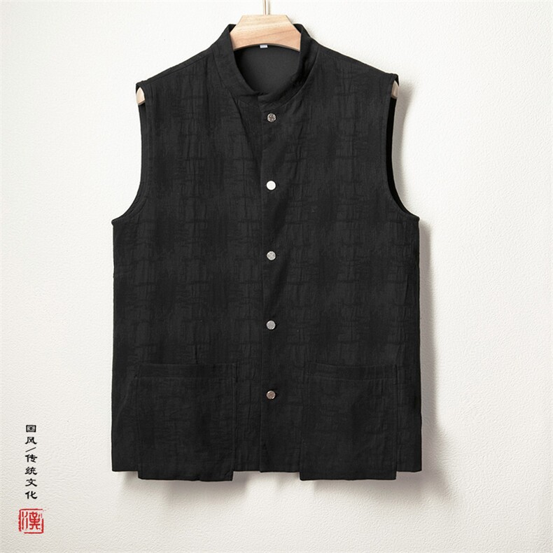 秋冬新款风男装棉麻提花男士新中式立领男马甲MJ85P75图片