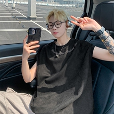 港风大码网红麂皮绒圆领无袖T恤背心男女XZ213-T070-P35控48，男装背心/马甲，星座213