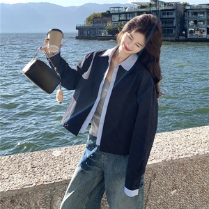 蓝色撞色衬衫领短款夹克外套女2026春秋新款韩系时髦减龄夹克显白图片