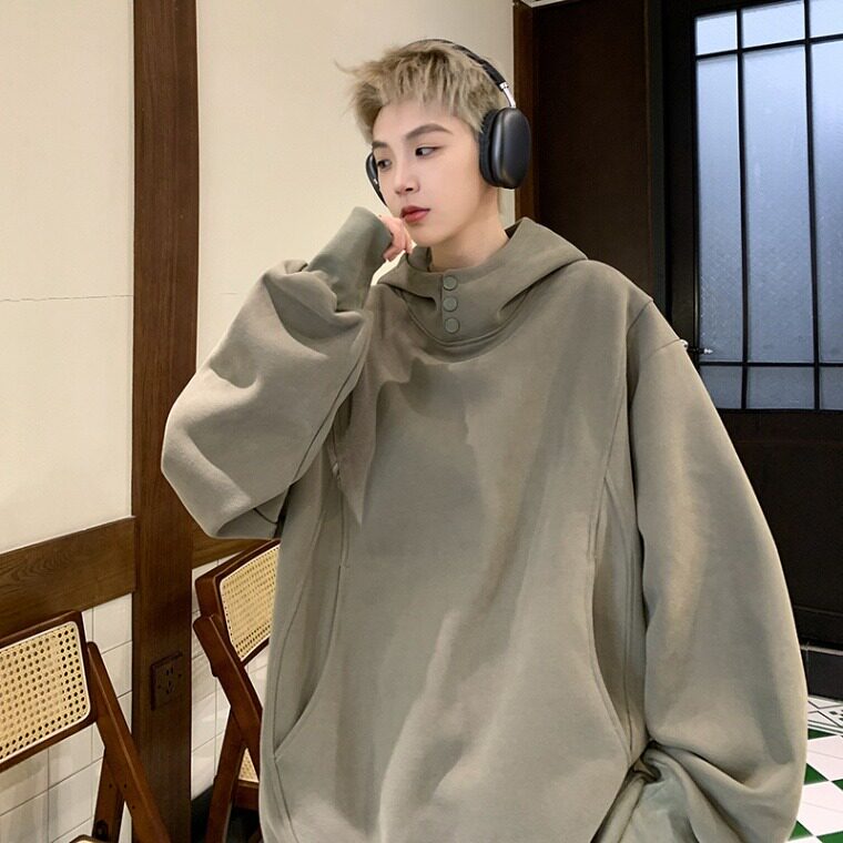 重磅连帽纽扣装饰卫衣男女春秋款复古纯色上衣长袖外套W13Y/P50图片