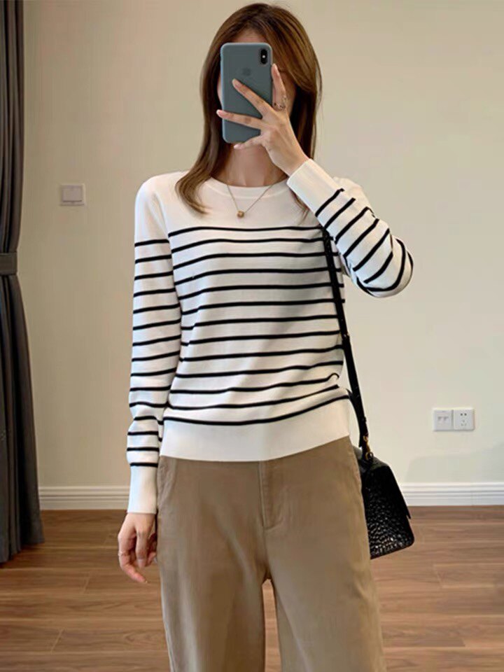 春秋条纹长袖精仿羊毛，女装针织衫/毛衣，珍珑羊绒