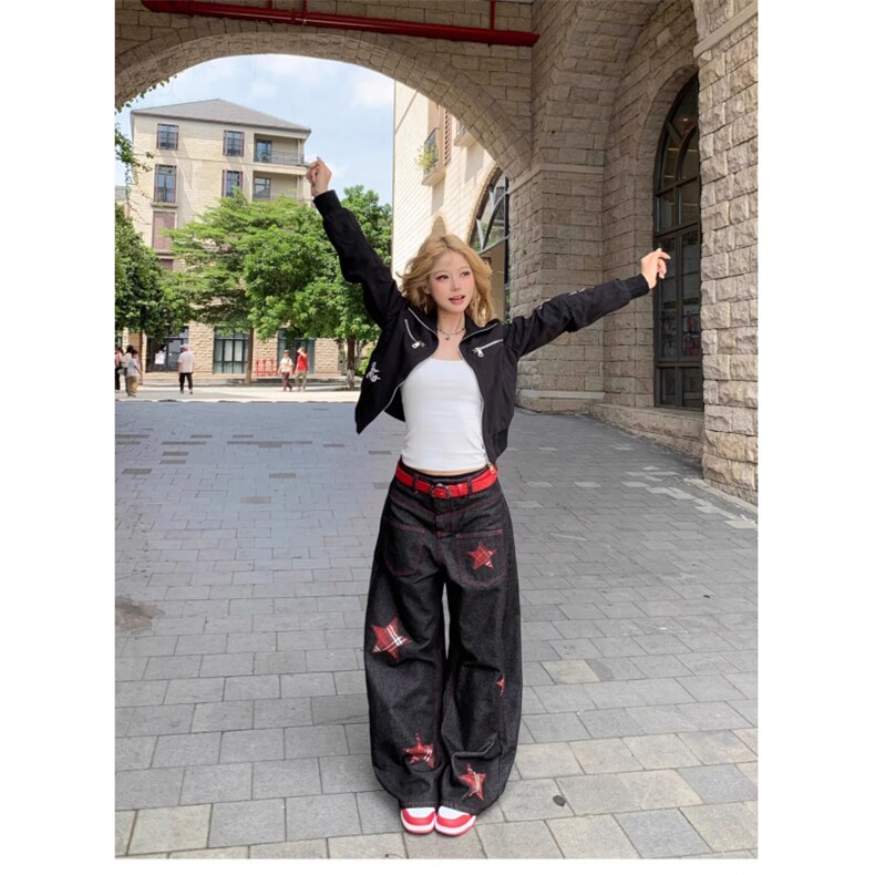牛仔裤刺绣高腰显瘦百搭窄版阔裤直筒裤子女2025秋季外穿洋气,男装牛仔裤,星座506A