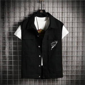 MJ257-50-控78 M-5XL 牛仔大码网格马甲男工装ins无袖外穿潮牌图片