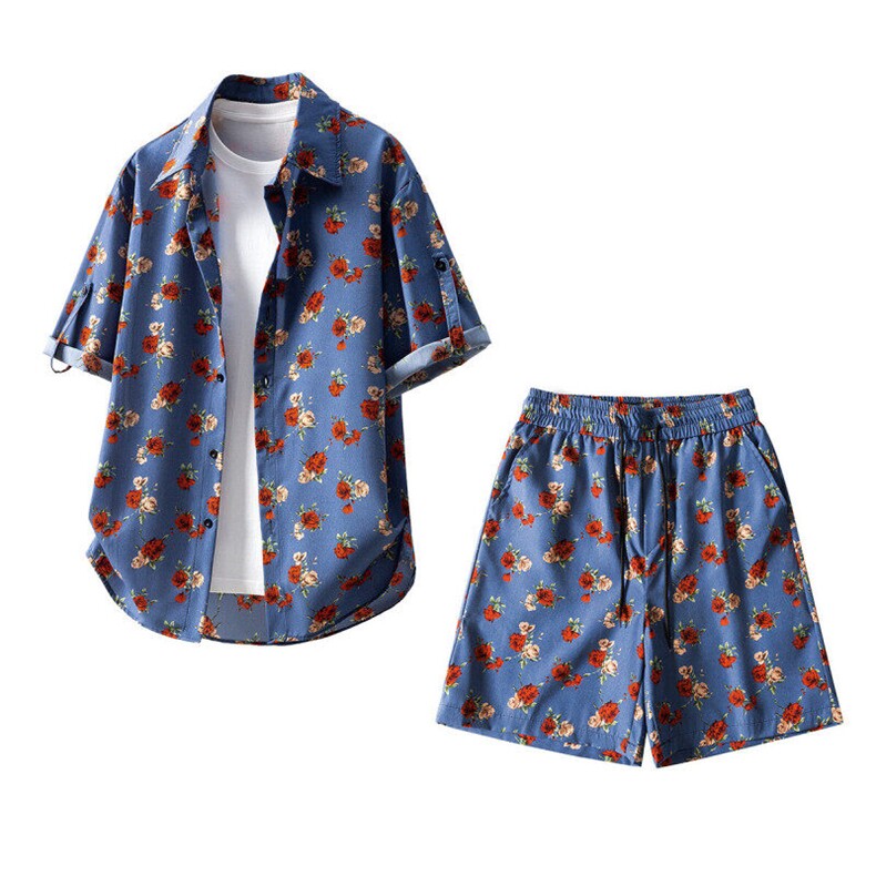 短袖衬衫男+短裤男套装男100%聚酯纤维M-5XL大码TZ78702P50控98，男装休闲套装，星座227-7