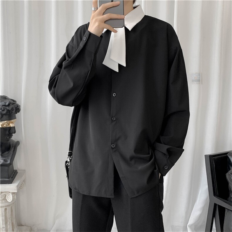 ins风韩版衬衣秋日系复古纯色翻领小领带长袖衬衫男女W1609-P35,男装衬衫,星座512-4
