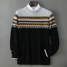 2025年秋季长袖时尚都市套头圆领花型拼色，男装羊毛衫，千国羊绒