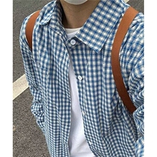 慵懒风蓝色格子衬衫男款春夏季复古格纹衬衣cleanfit外套C58，男装衬衫，星座1116A（原606A-3）