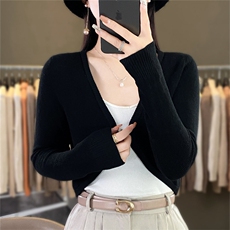 时尚百搭黑色仿羊毛披肩开衫女短款修身显瘦针织衫外套，女装针织衫/毛衣，暖姿羊绒