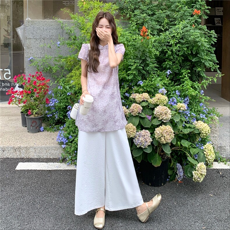 独特绝美新中式国风穿搭短袖套装女夏新款超火高级感阔腿裤两件套,女装套装/套裙,2C090