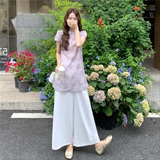独特绝美新中式国风穿搭短袖套装女夏新款超火高级感阔腿裤两件套，女装套装/套裙，2C090
