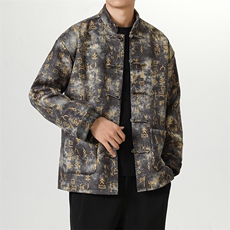 秋冬新品风鹿皮绒甲骨文印花加厚夹克立领盘扣古风唐装JK106，男装夹克，星座305A（原312A-1）
