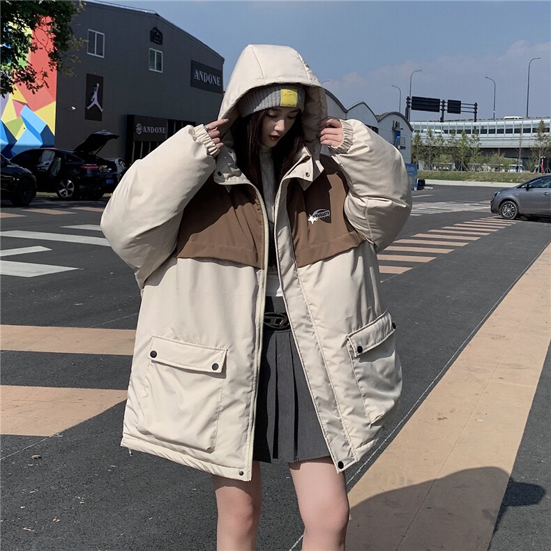 EQ343中性风冬季加厚工装棉衣外套女连帽拼接撞色情侣装棉服2023,女装棉衣/棉服,电商C306-1