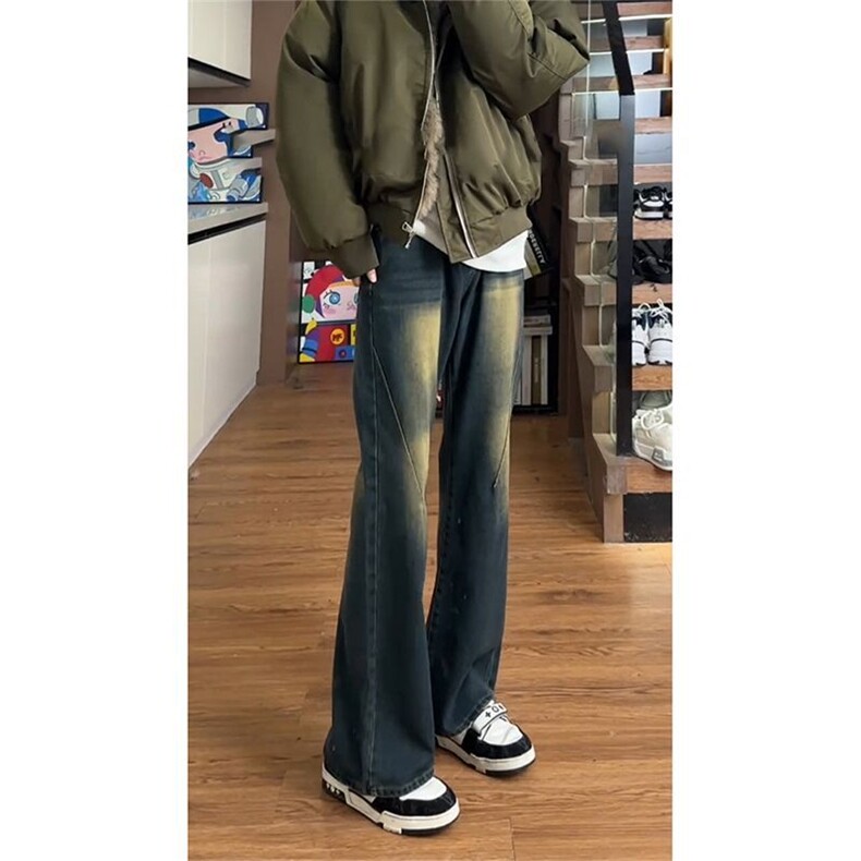 复古蓝微喇牛仔裤男女美式高街提裆加长修身弯刀裤S736P37,男装牛仔裤,星座1112-1