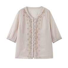 轻薄舒适刺绣苎麻衬衫女夏2025新款宽松显瘦气质V领中袖小衫上衣，女装衬衫，余墨