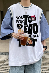 ！港风23夏时尚卡通印花假两件背心100棉短袖T恤T6615P40控58图片