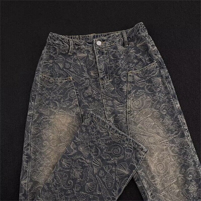 D52-P50复古做旧豹纹做旧牛仔裤男女潮牌直筒显瘦拖地阔腿裤,男装牛仔裤,星座617A-1（原B318A）