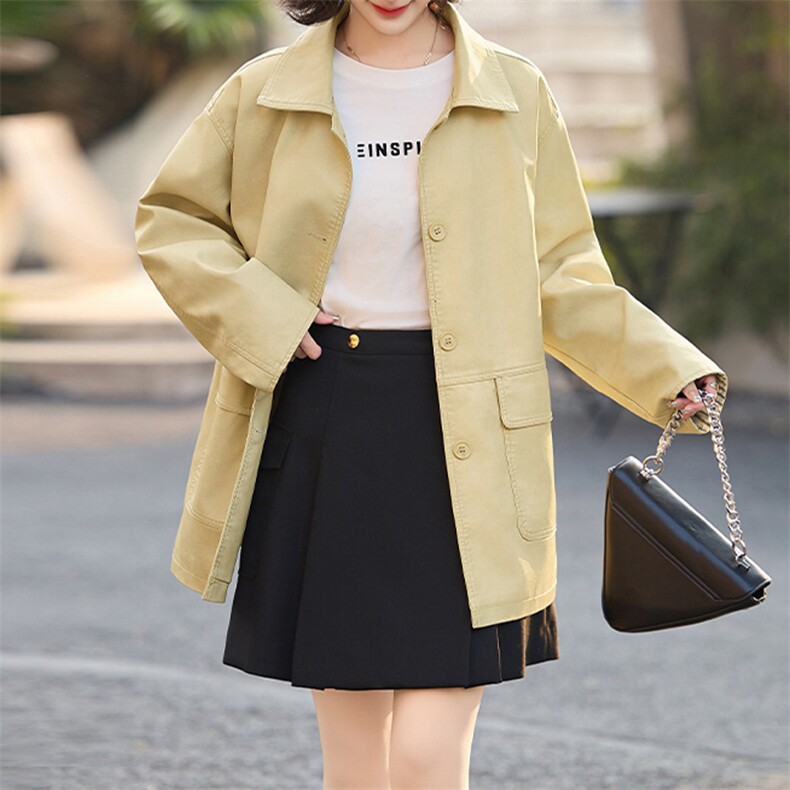 装饰扣简约中长款风衣2024春季新款经典条纹卷袖外套韩系西装领女，女装皮衣，美拉德工厂直营店