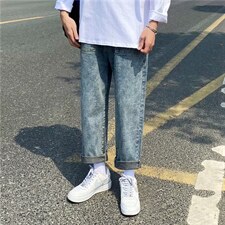 港风宽松直筒ins痞帅裤子韩版牛仔裤潮男九分坠感阔腿裤nk18-p35，男装牛仔裤，星座1008-2