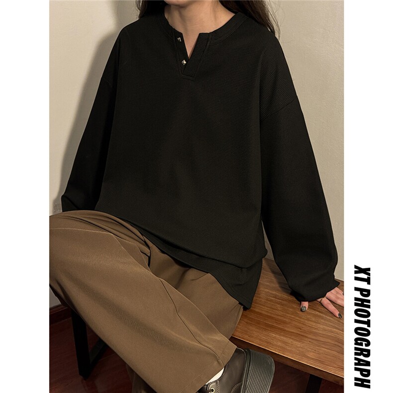 中性！春装新款亨利领T恤美式宽松华夫格卫衣情侣外套女106-P28,女装卫衣/绒衫,电商C213(原B265)
