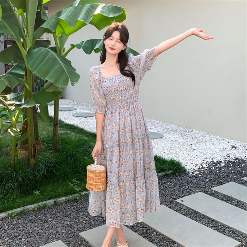 现货新款夏季法式复古气质方领碎花度假宽松高级感长款高腰连衣裙,商品下架区,网红馆