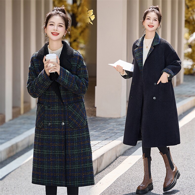 格纹两面穿毛呢外套女中长款2025秋冬装新款韩版宽松加厚呢子大衣，女装双面呢大衣，采品优优