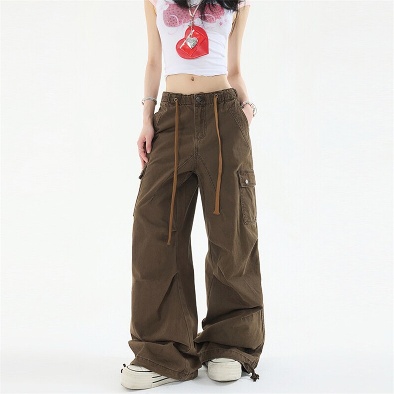 美式棕色工装牛仔裤夏季宽松直筒褶皱伞兵休闲阔腿裤YD9002-P75,男装牛仔裤,星座509
