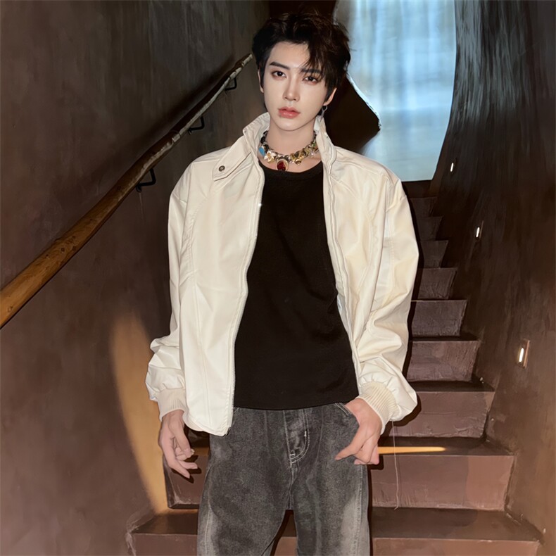 白色短款垫肩外套男款高级感痞帅廓形机车pu皮衣夹克炸街男模穿搭,男装夹克,星座910-5