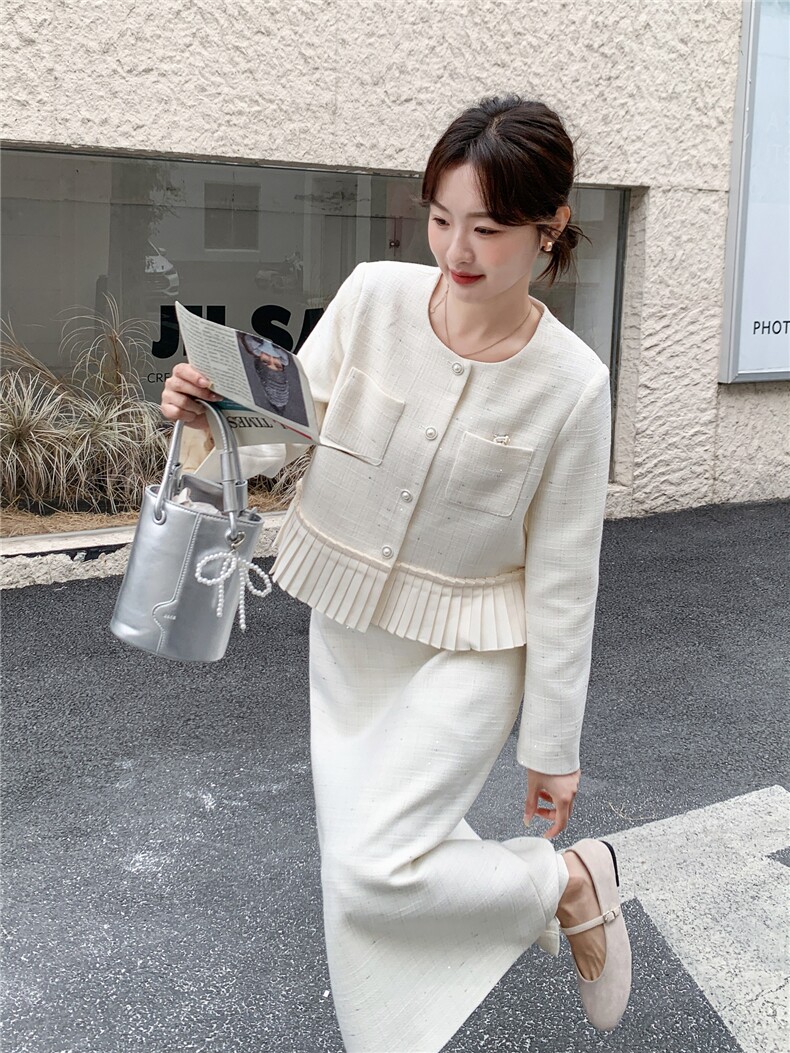 现货-2026年春季法式优雅压褶拼接两件套套裙女温柔风气质穿搭,女装套装/套裙,霓裳依族