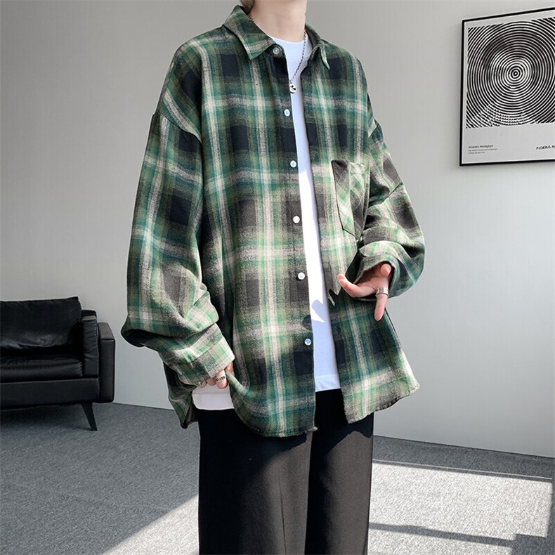 衬衫男春季新款港风宽松磨毛格子长袖衬衣CS2018-P35，男装衬衫，星座214-3