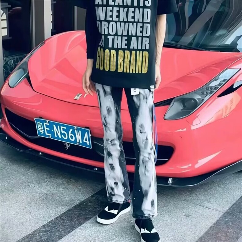 网红超火轻奢牛仔裤高街男女美式泼墨拼色修身小脚牛仔裤,男装牛仔裤,星座1210-1