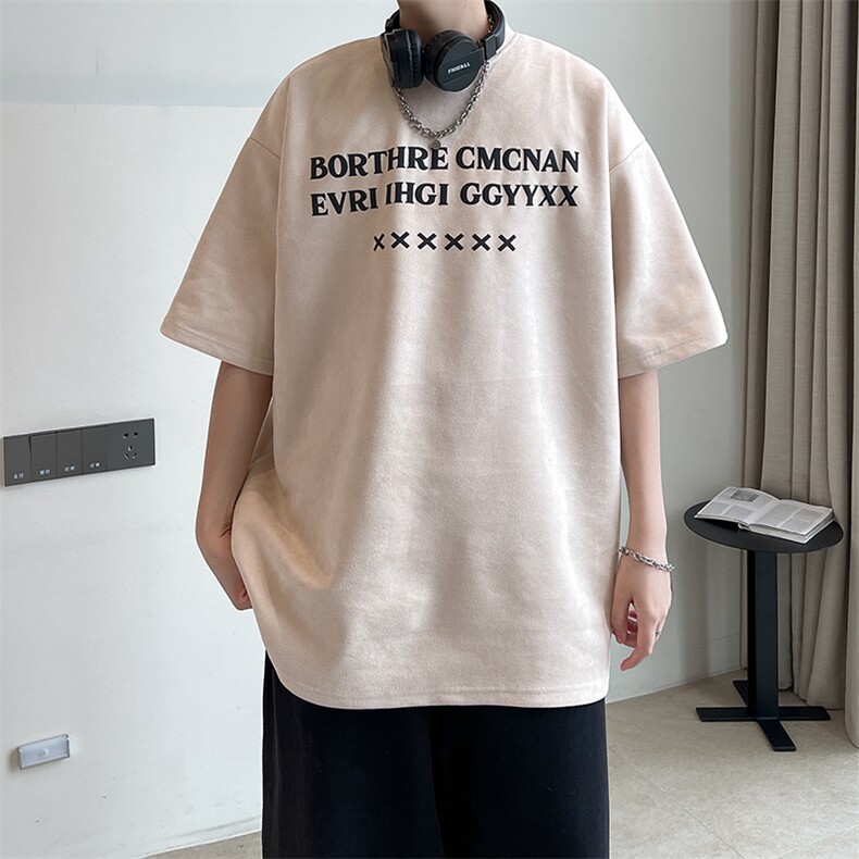 港风2026夏装新款宽松麂皮绒印花短袖T恤夏季体恤A071-T10-P30,男装T恤,电商A071