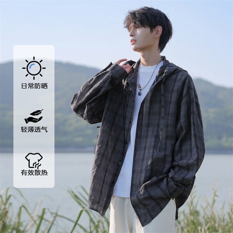 特批P35无差价夏季连帽格子宽松薄款透气潮流防晒衬衫外套男J5210,男装衬衫,电商A001-1
