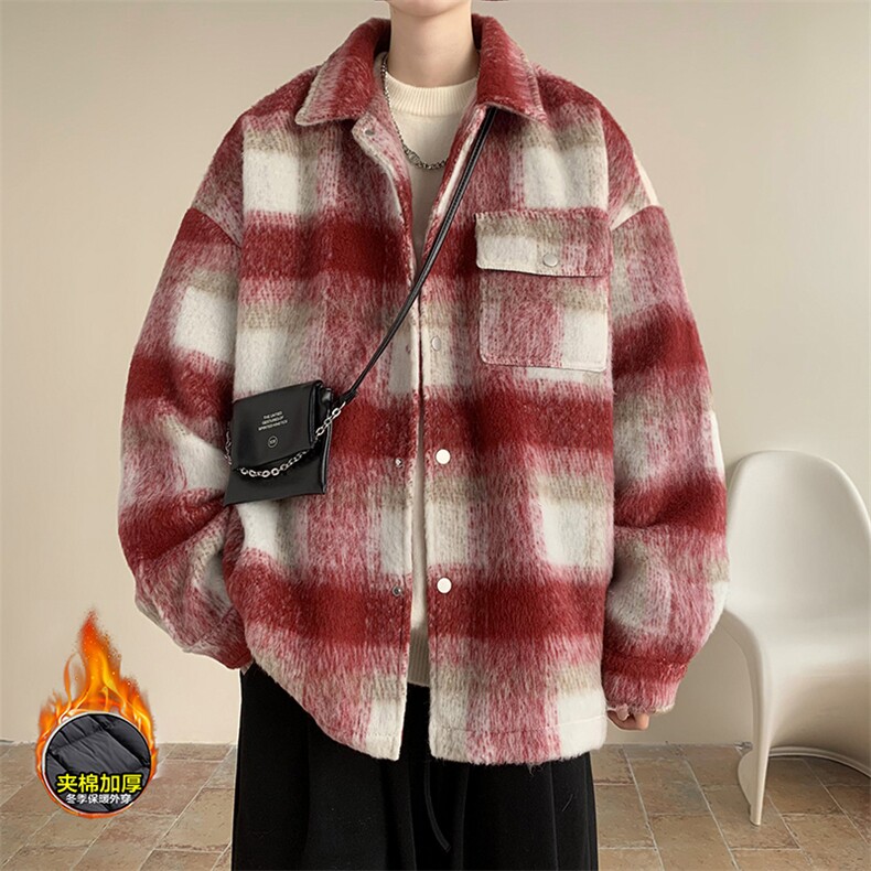 wassuphappy格子毛呢大衣男秋冬季潮流复古休闲呢料外套宽松上衣，男装毛呢大衣，电商D232