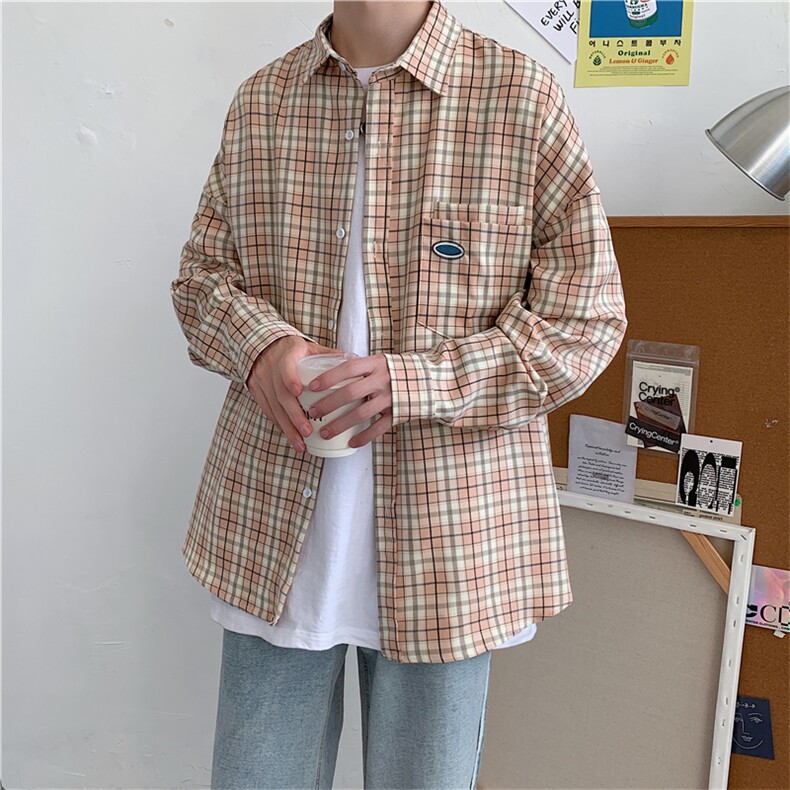 910A-C014秋装新款学院情侣百搭休闲百搭ins格子衬衫,男装衬衫,星座910A