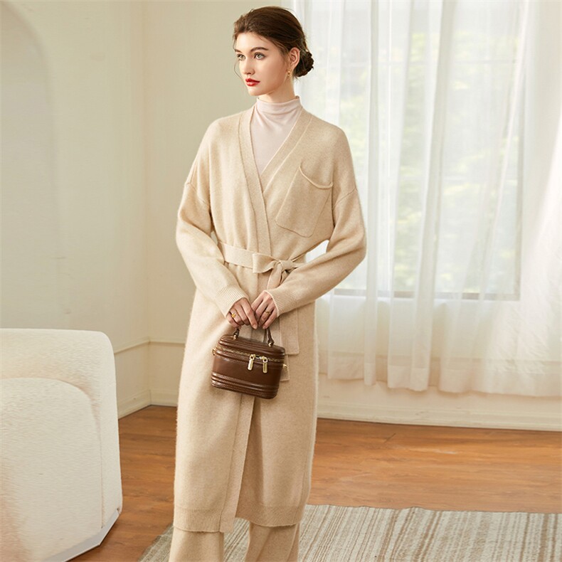 秋冬新款时尚气质百搭简约系带纯色V领35%羊绒衫外套，女装羊绒衫，隆秋羊绒