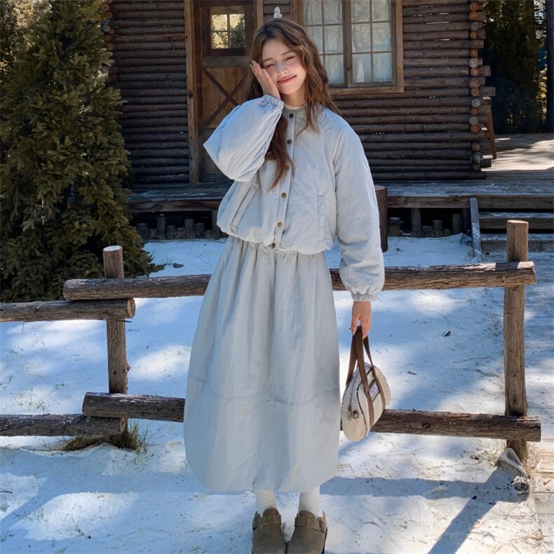 夹棉加厚长袖棉服外套卫衣女2025秋冬季新款女装半身长裙韩系套装,女装棉衣/棉服,2B218