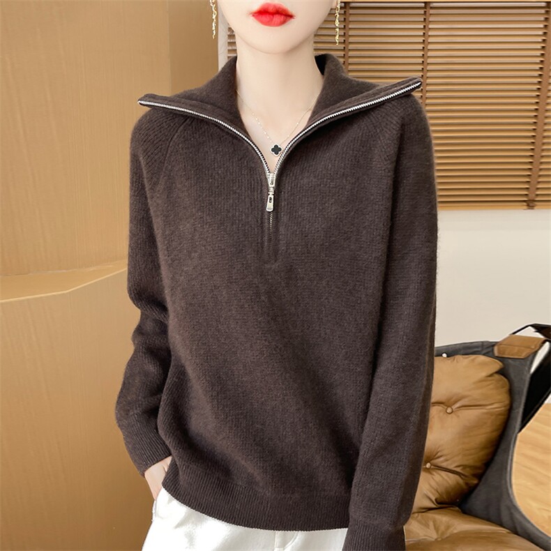 休闲/淑女气质显瘦半开拉链领时尚纯色简约羊绒衫，女装羊绒衫，暖习羊绒