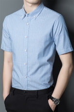 纯棉衬衫男士中年夏季新款商务休闲抗皱免烫薄款半袖条纹衬衣，男装T恤，电商B212（原钱塘6029）