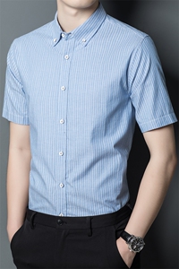 纯棉衬衫男士中年夏季新款商务休闲抗皱免烫薄款半袖条纹衬衣图片