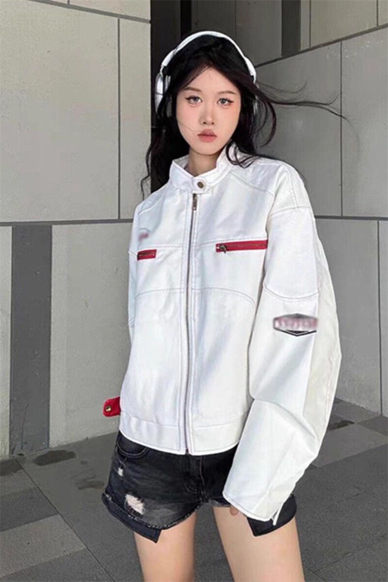 白色短款皮衣外套美式穿搭高级感机车夹克棒球服JK158特P67,男装夹克,星座908-1