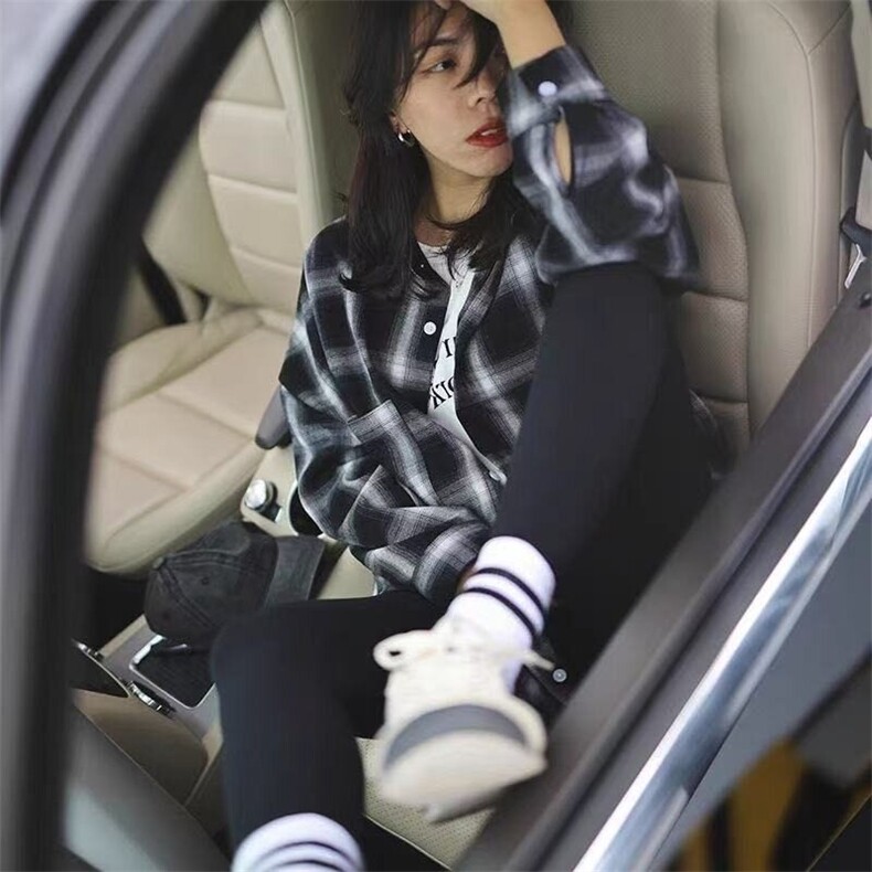 复古黑白格子长袖衬衫春秋新款宽松百搭韩版外套外穿CK03，男装衬衫，星座1116A（原606A-3）